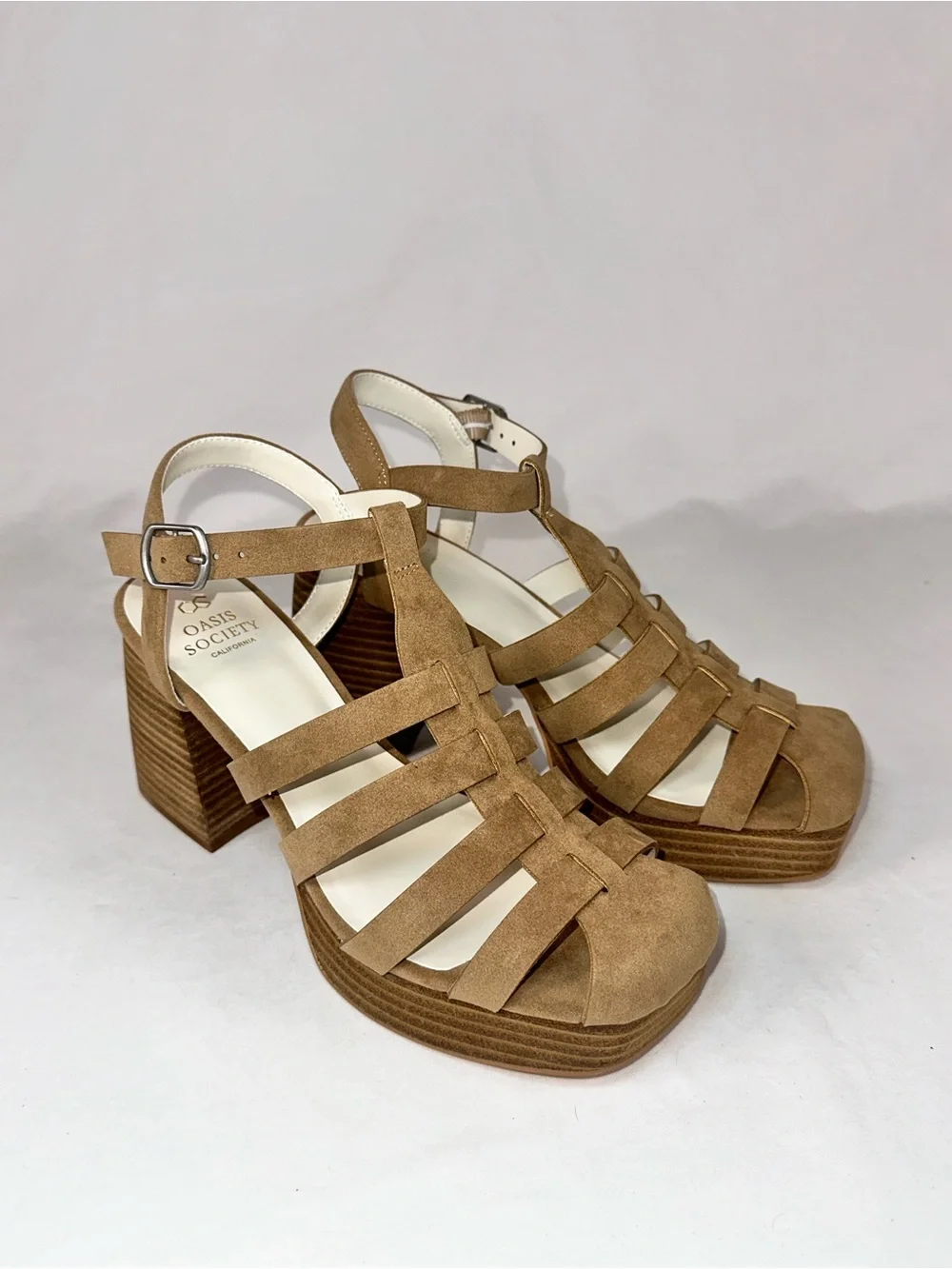 Oasis Society Hailee Khaki Platform Block Heel Caged Sandals Size 8